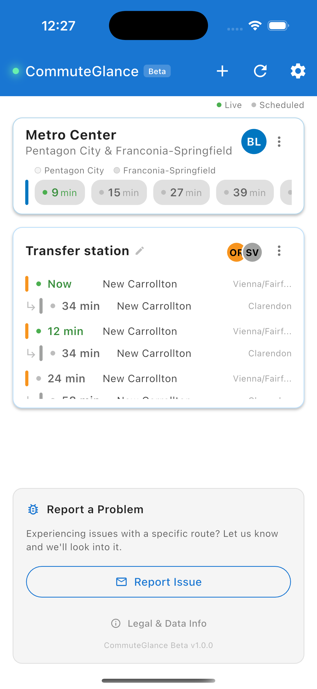 CommuteGlance app showing live Metro departures at Metro Center and a transfer station